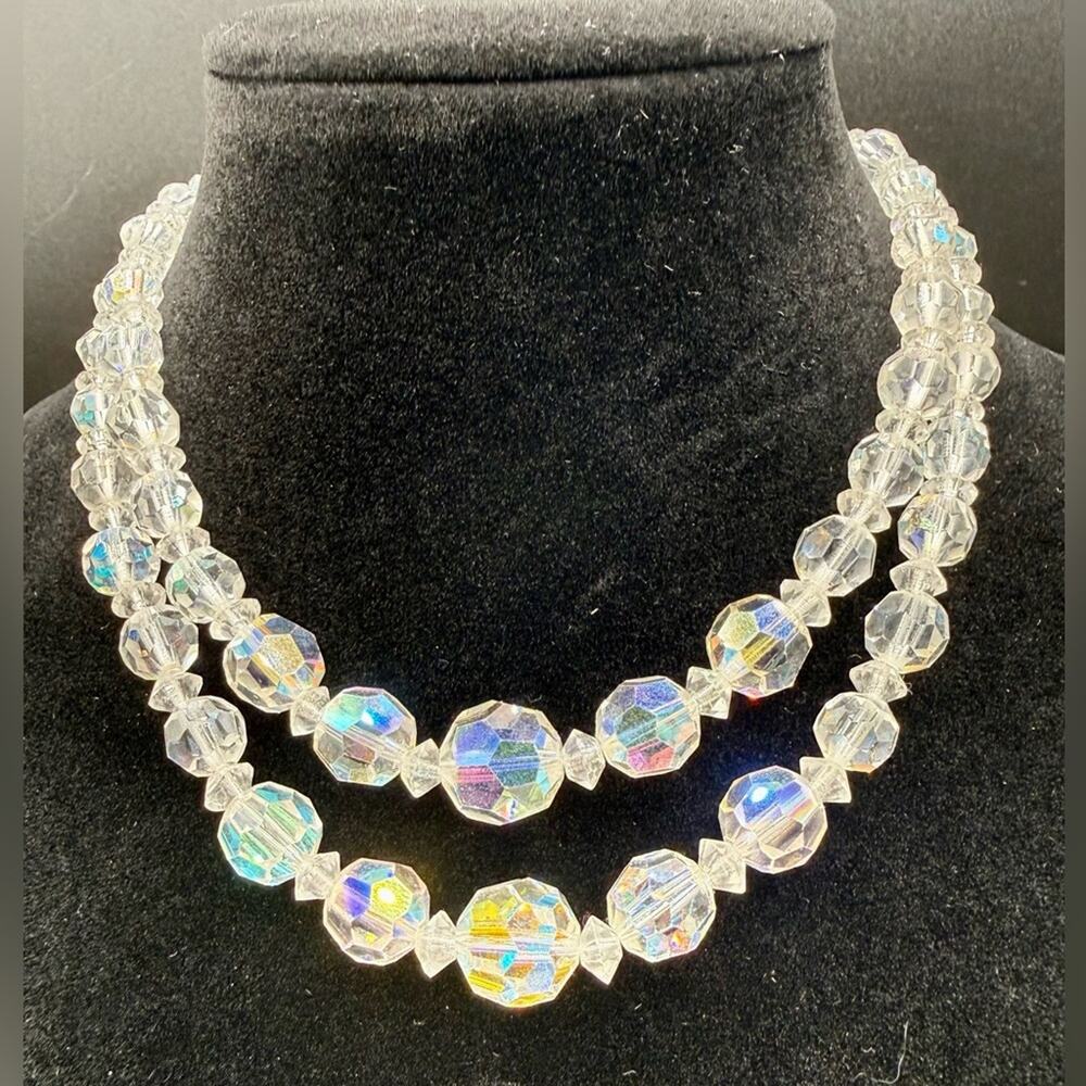 Vintage Retro Deco Aurora Crystal Bead Double-Strand Choker Necklace - Clear